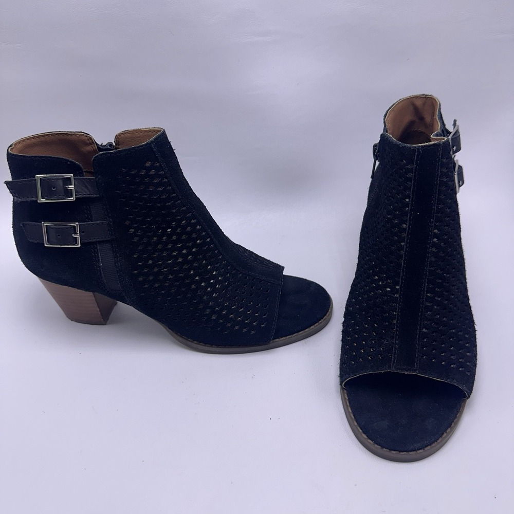Vionic Chryssa Perforated Black Suede Heels Peep Toe Booties Women Sz 7.5 M